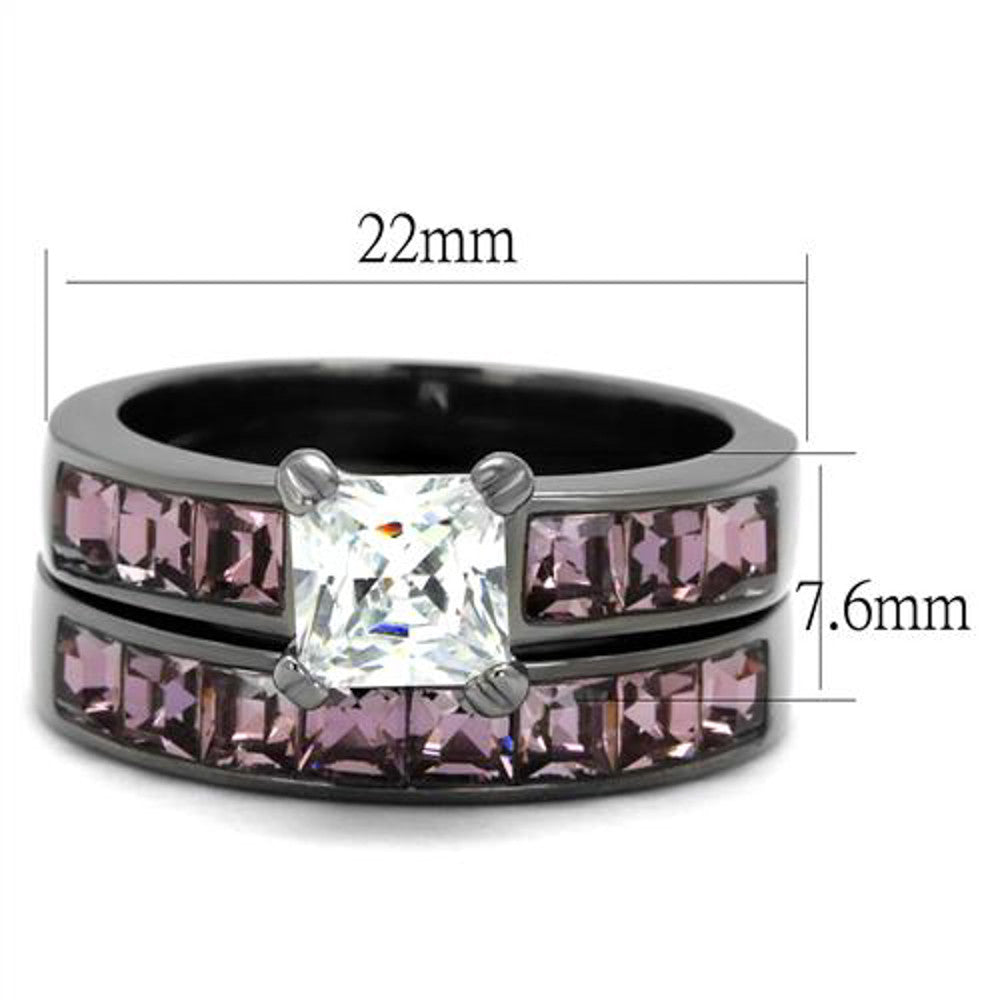 ARTK61206LJ Stainless Steel Women's 3.75 Ct Princess Cut AAA CZ Light Black Wedding Ring Set